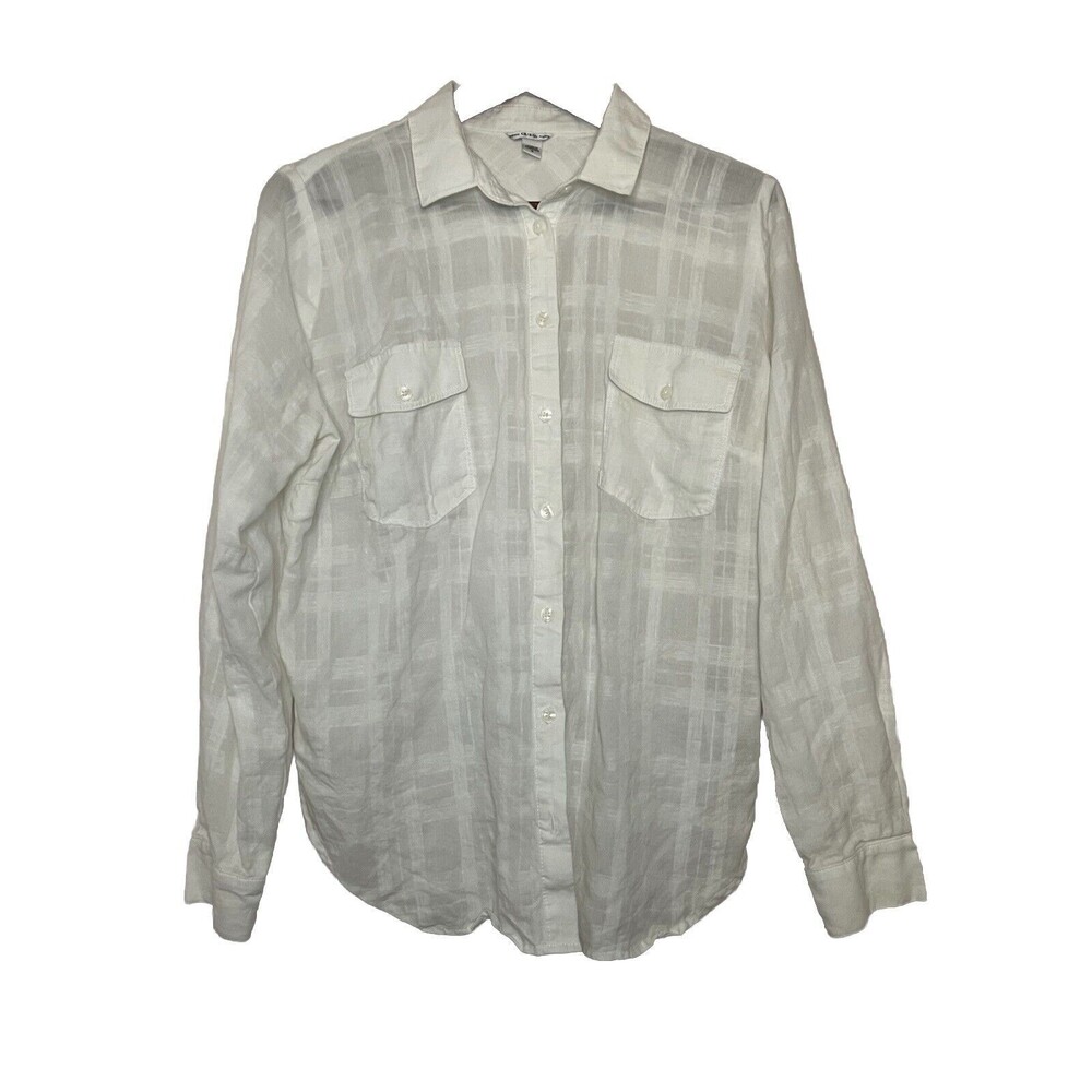 Guess Women's Medium Vintage Linen Blend Long Sleeve Button Up Shirt White Plaid